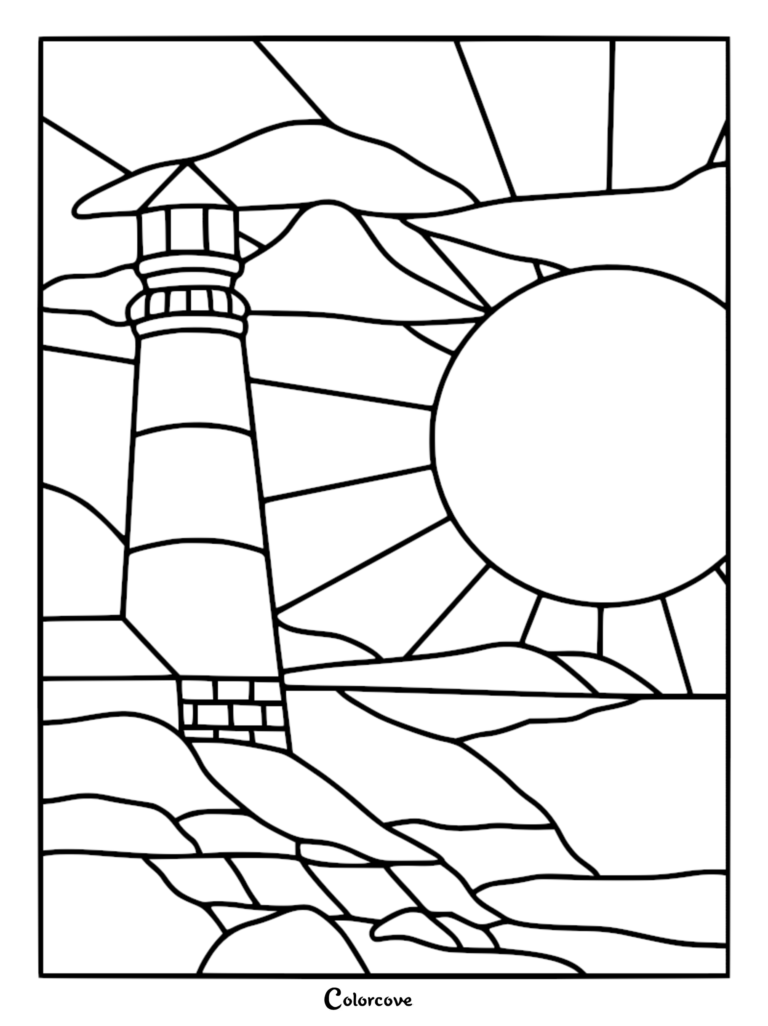 A stained glass style coloring page featuring a lighthouse standing on a rocky shore during a sunset with a large sun in the background.