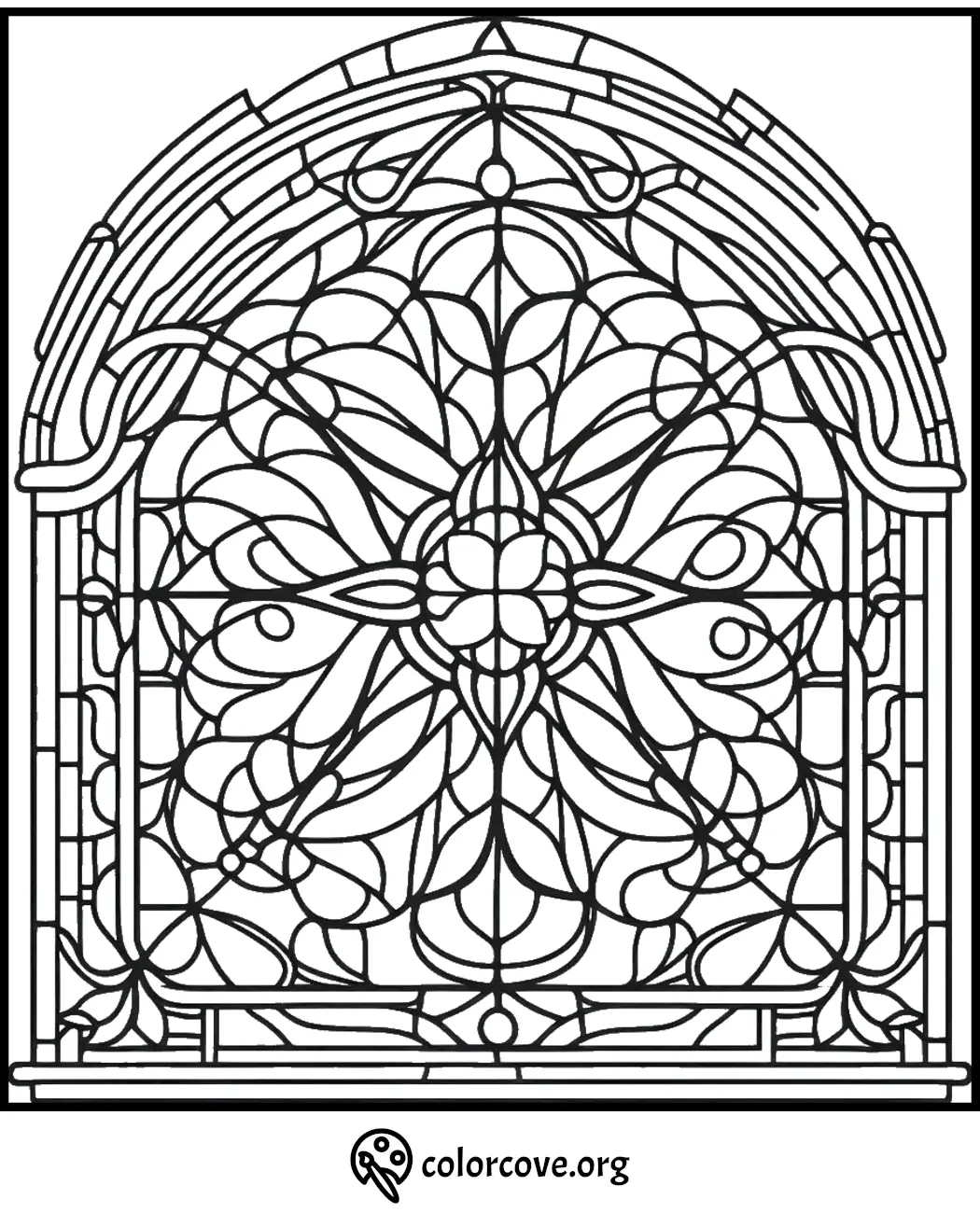 Stained glass window coloring page with intricate floral patterns and designs from colorcove.org.