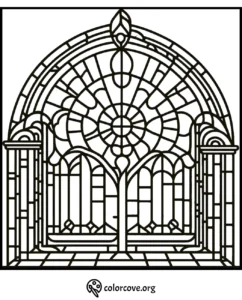 Intricate stained glass window design coloring page for adults and kids from colorcove.org, free printable.