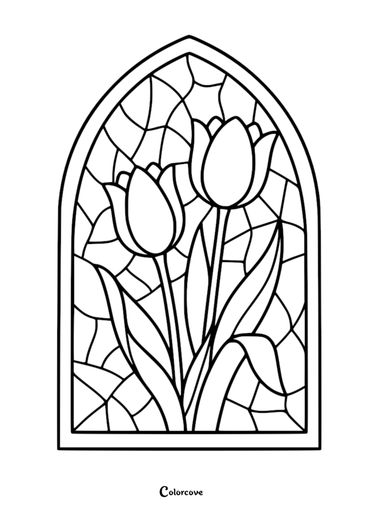 Two tulips depicted inside an arched stained glass window frame.