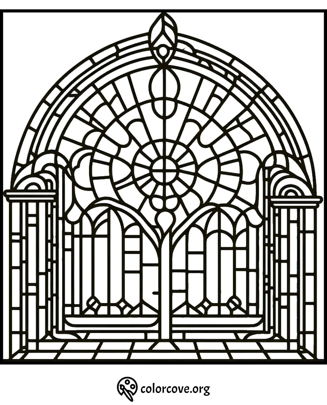 Intricate stained glass window design coloring page for adults and kids from colorcove.org, free printable.