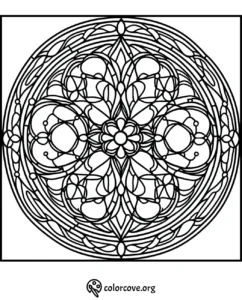 Intricate mandala coloring page with floral and geometric patterns for stress relief and mindfulness. Download at colorcove.org.