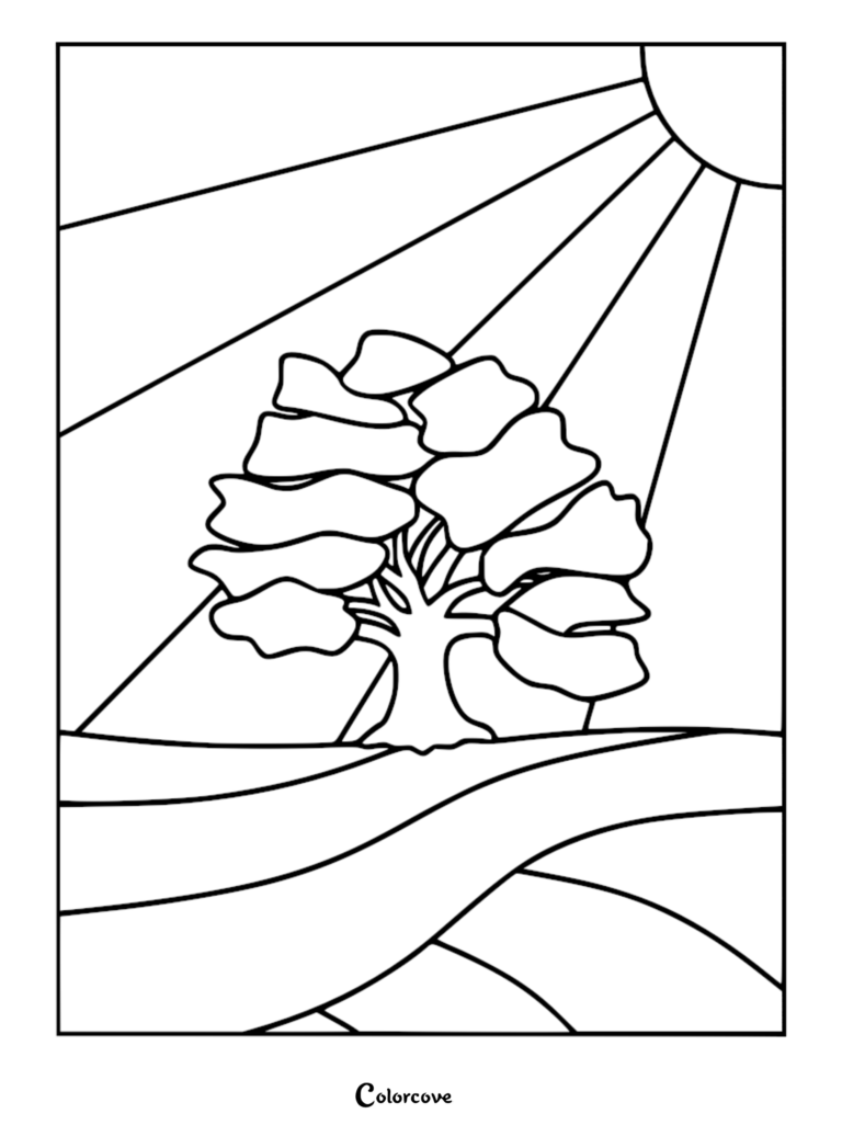 Stained glass style coloring page featuring a tree under a sun with radiating light beams over rolling hills.