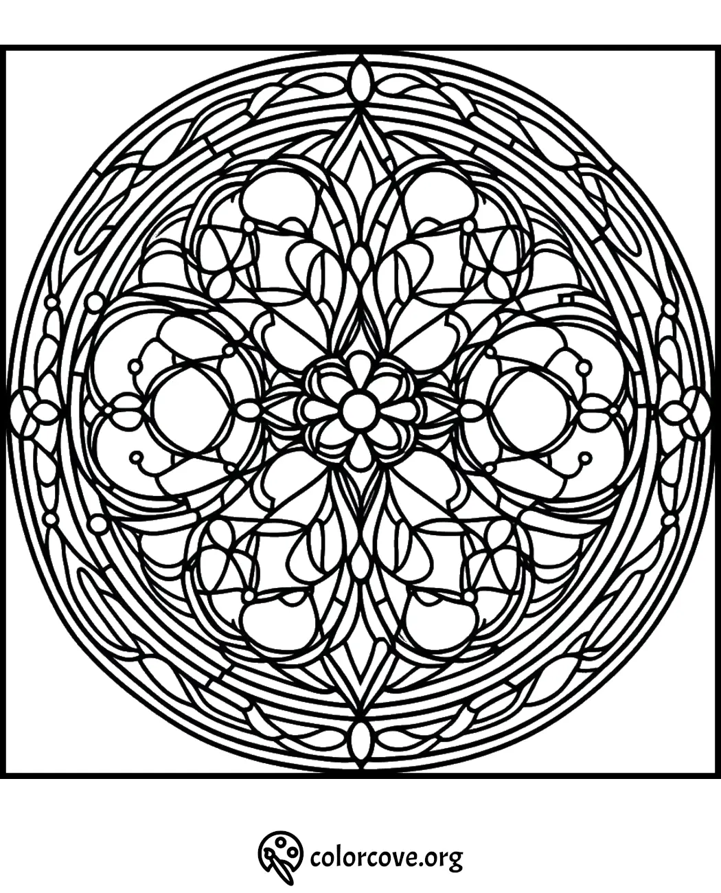 Intricate mandala coloring page with floral and geometric patterns for stress relief and mindfulness. Download at colorcove.org.