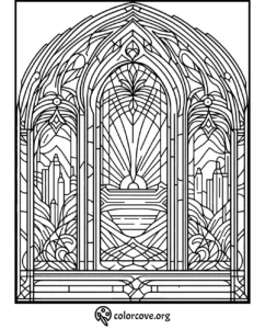Stained glass window coloring page with sunrise, mountains, and geometric patterns. Printable art for relaxation.