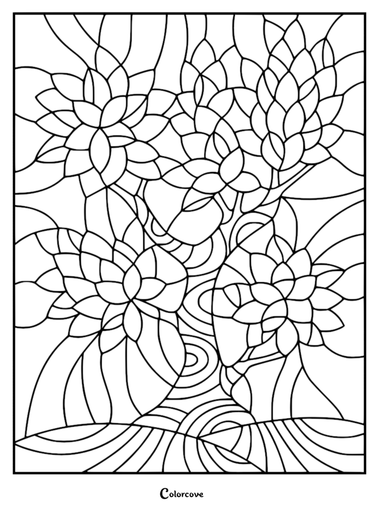 A stained glass style coloring page featuring a stylized tree with large, layered petal flowers and a swirling trunk pattern.