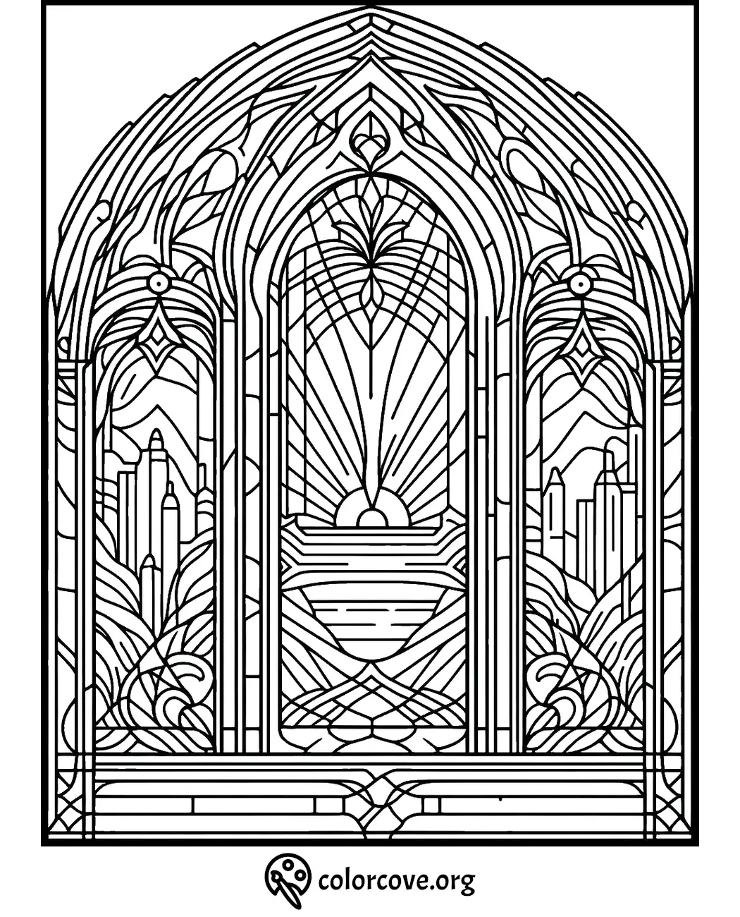 Stained glass window coloring page with sunrise, mountains, and geometric patterns. Printable art for relaxation.