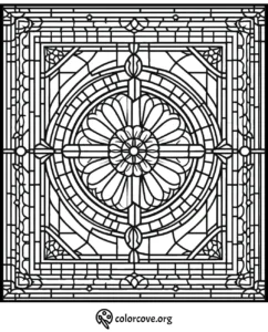 Intricate stained glass window pattern coloring page with geometric and floral designs from colorcove.org.