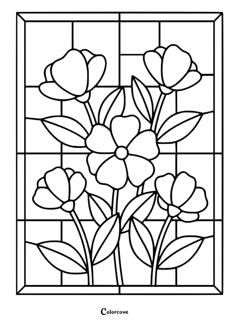 A floral stained glass coloring page featuring a bouquet of five simple flowers with leaves arranged in a grid pattern.