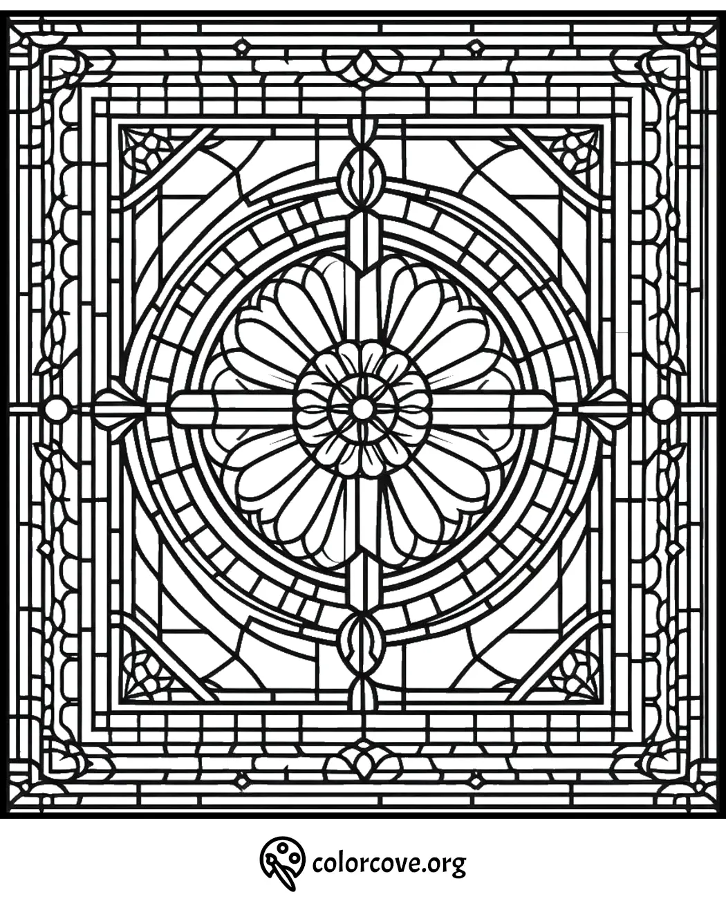 Intricate stained glass window pattern coloring page with geometric and floral designs from colorcove.org.