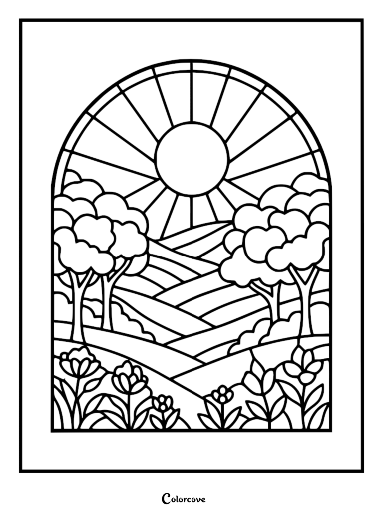 A stained glass style coloring page featuring a sun rising over rolling hills, trees, and flowers in an arched frame.