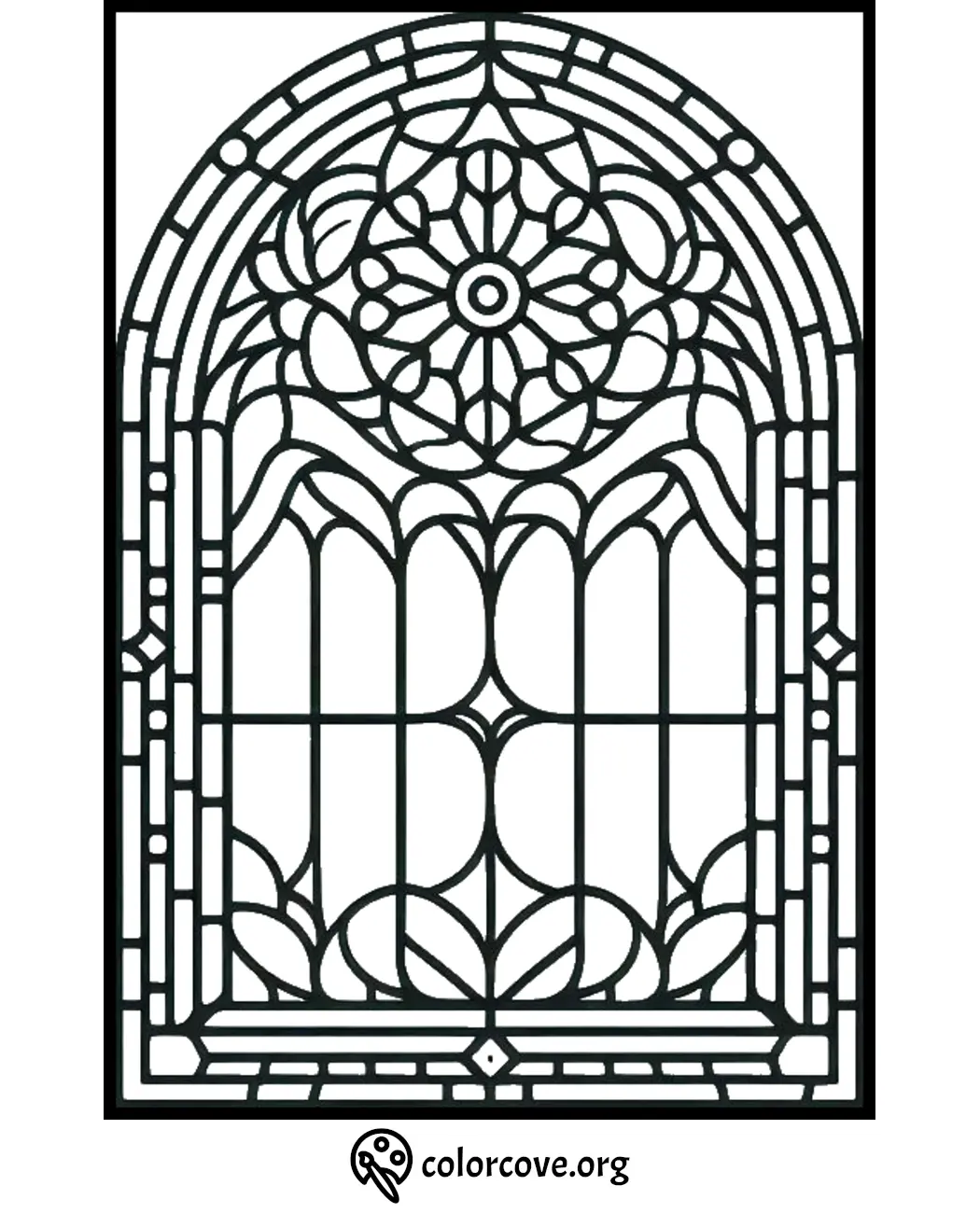 Stained glass window coloring page with intricate design patterns, available to download and color from Colorcove.org.