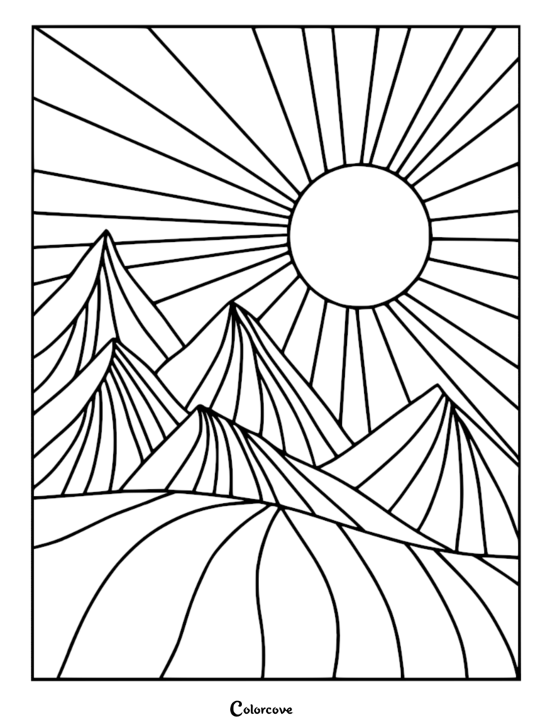 A stained glass style coloring page featuring a radiant sun shining over a range of geometric mountains.
