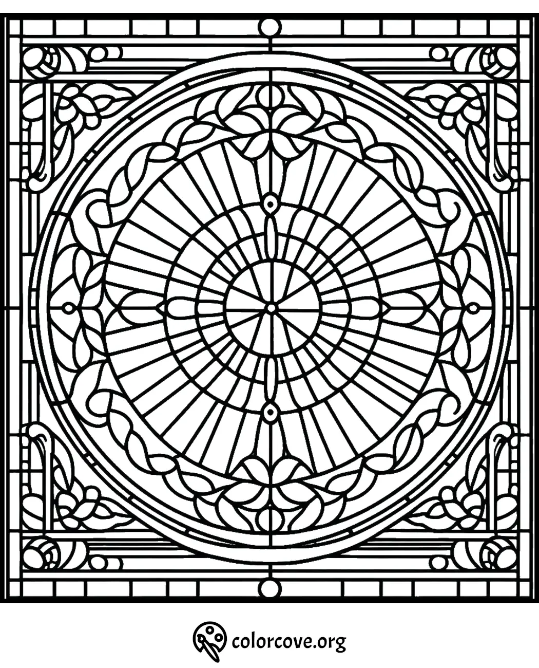 Ornate mandala coloring page with intricate circular patterns and geometric shapes for mindful coloring therapy.