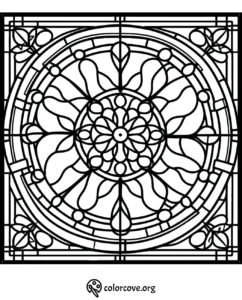 Intricate mandala coloring page with geometric shapes and floral patterns for relaxation and creativity. ColorCove.org.