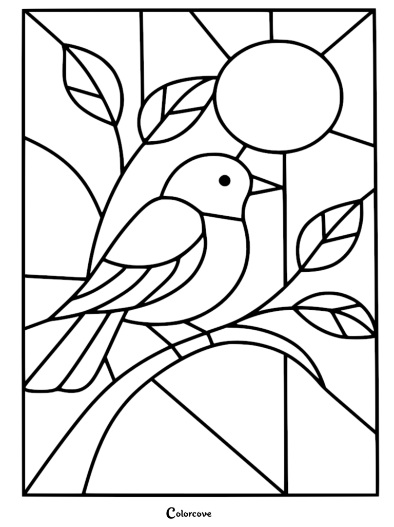 A stained glass style coloring page featuring a small bird perched on a leafy branch under a bright sun.