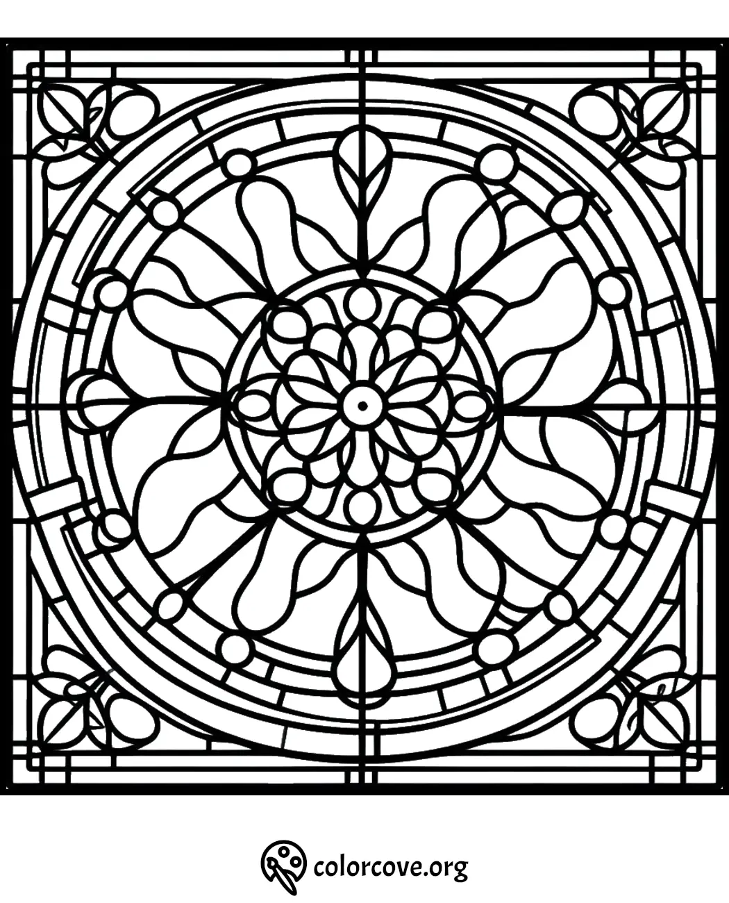 Intricate mandala coloring page with geometric shapes and floral patterns for relaxation and creativity. ColorCove.org.