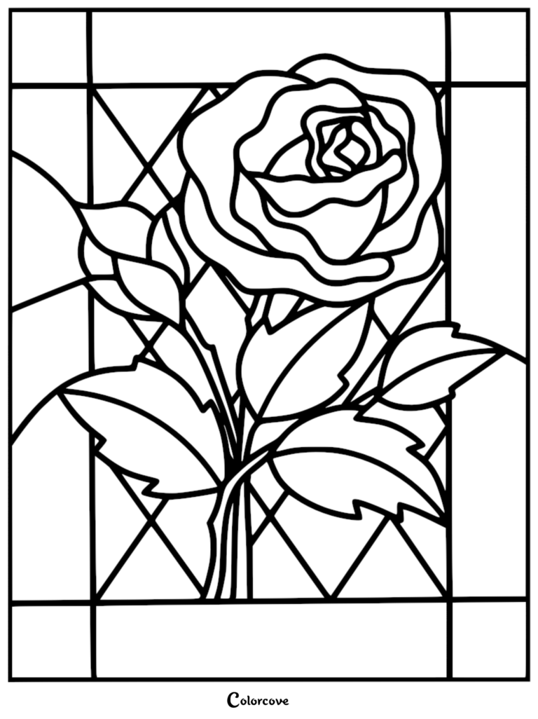 A detailed stained glass rose coloring page featuring a single blooming flower with leaves set against a geometric grid pattern.