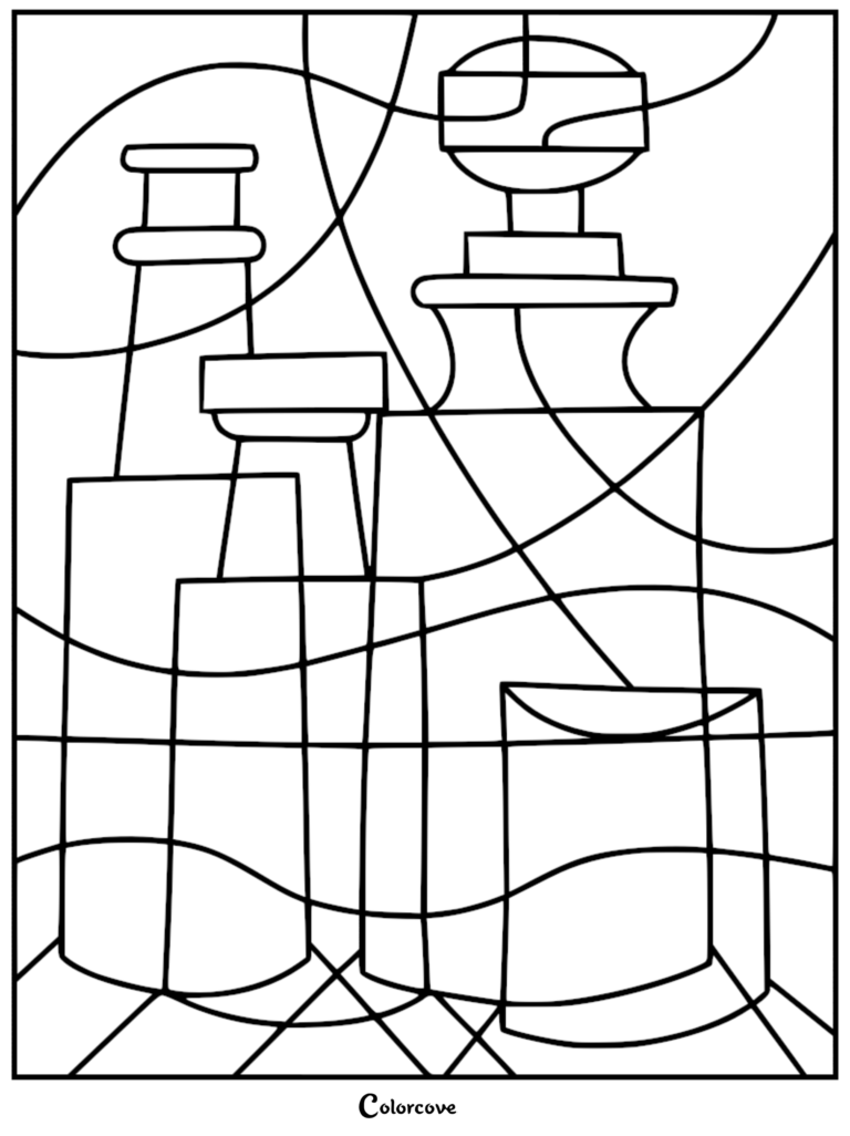 A stained glass style coloring page featuring a collection of various glass bottles and decanters with geometric curved lines.
