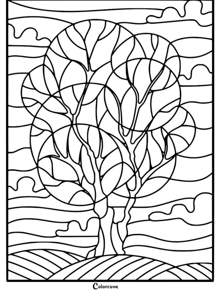 A stained glass style coloring page featuring a large tree with circular canopy segments set against a wavy, cloud-filled sky and rolling hills.
