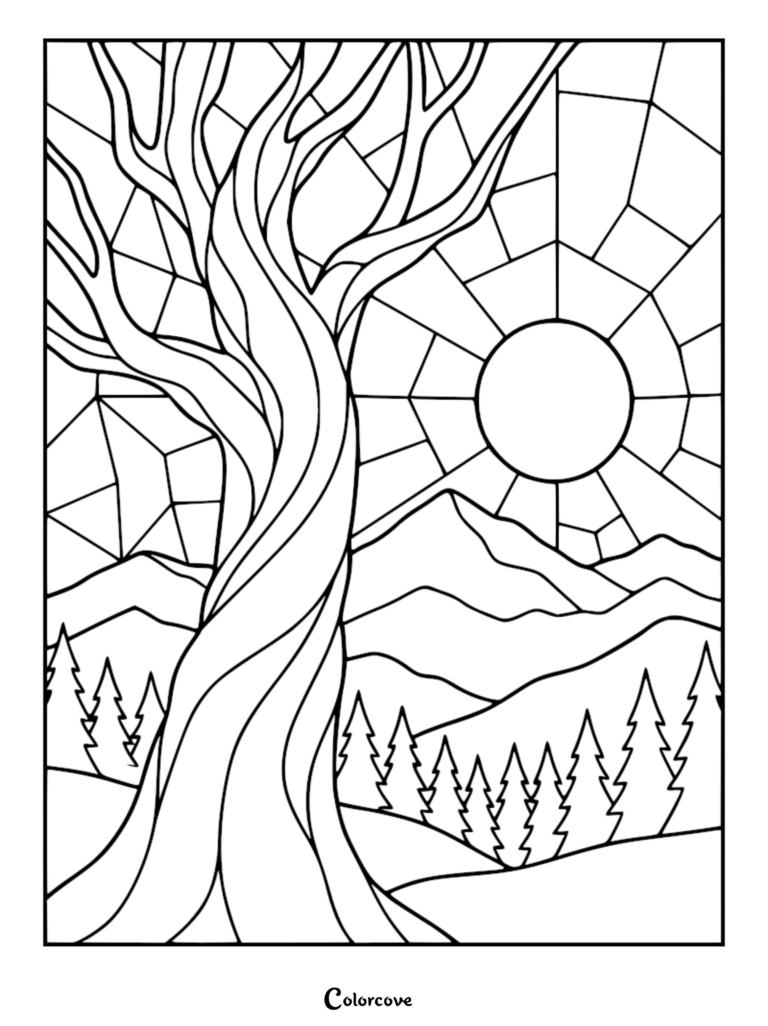 Stained glass style coloring page featuring a large twisted tree in the foreground with mountains and a sun in the background.