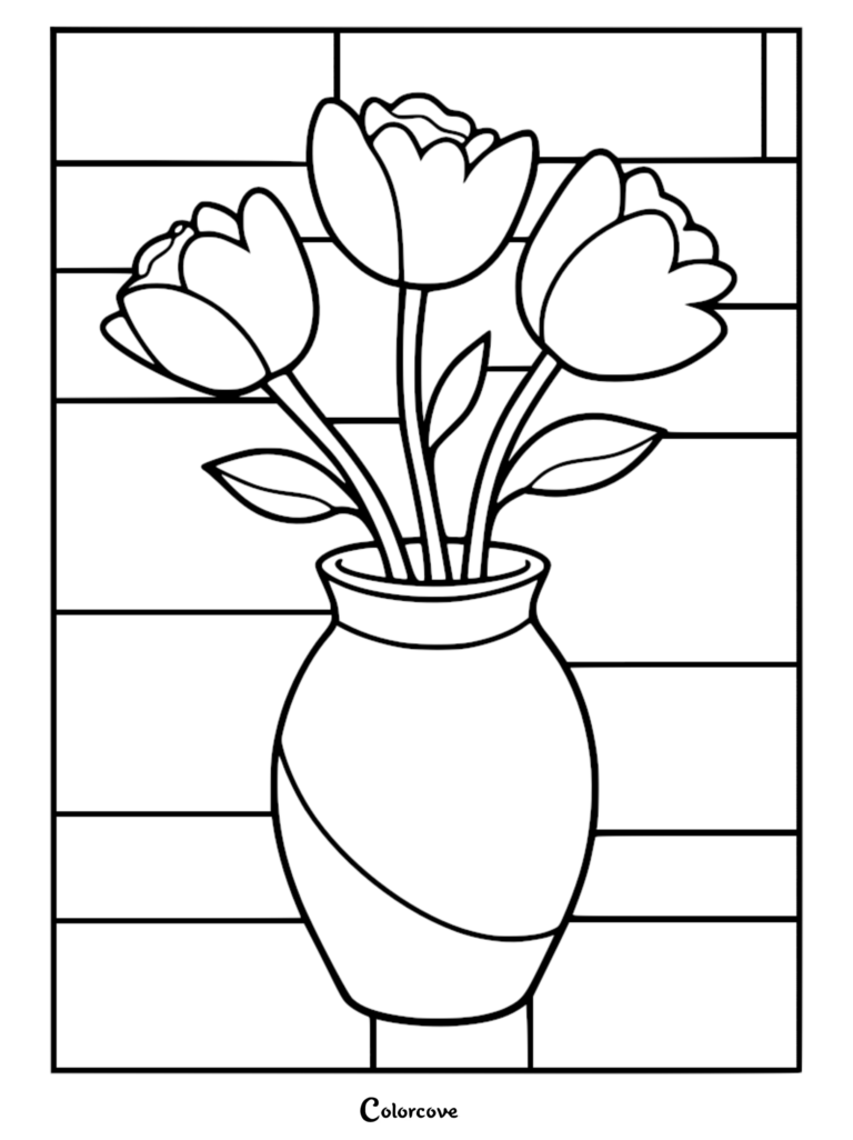 A printable coloring page featuring three tulips in a vase set against a geometric stained glass window background.