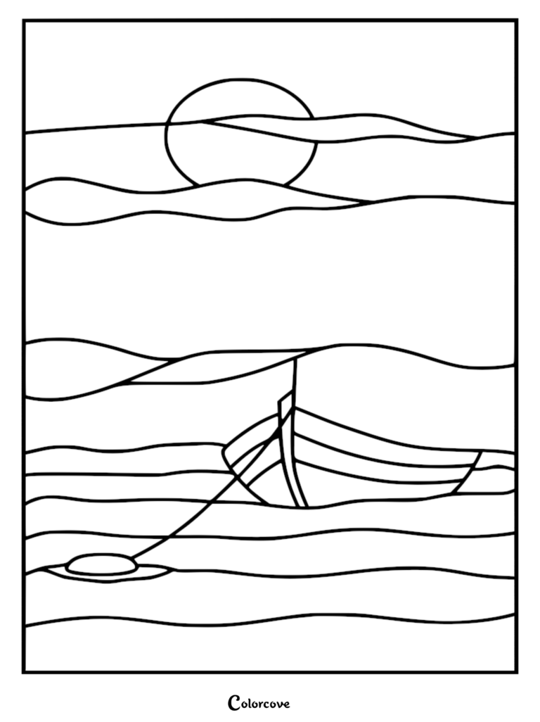 A stained glass style coloring page featuring a small boat anchored on wavy water under a setting sun.