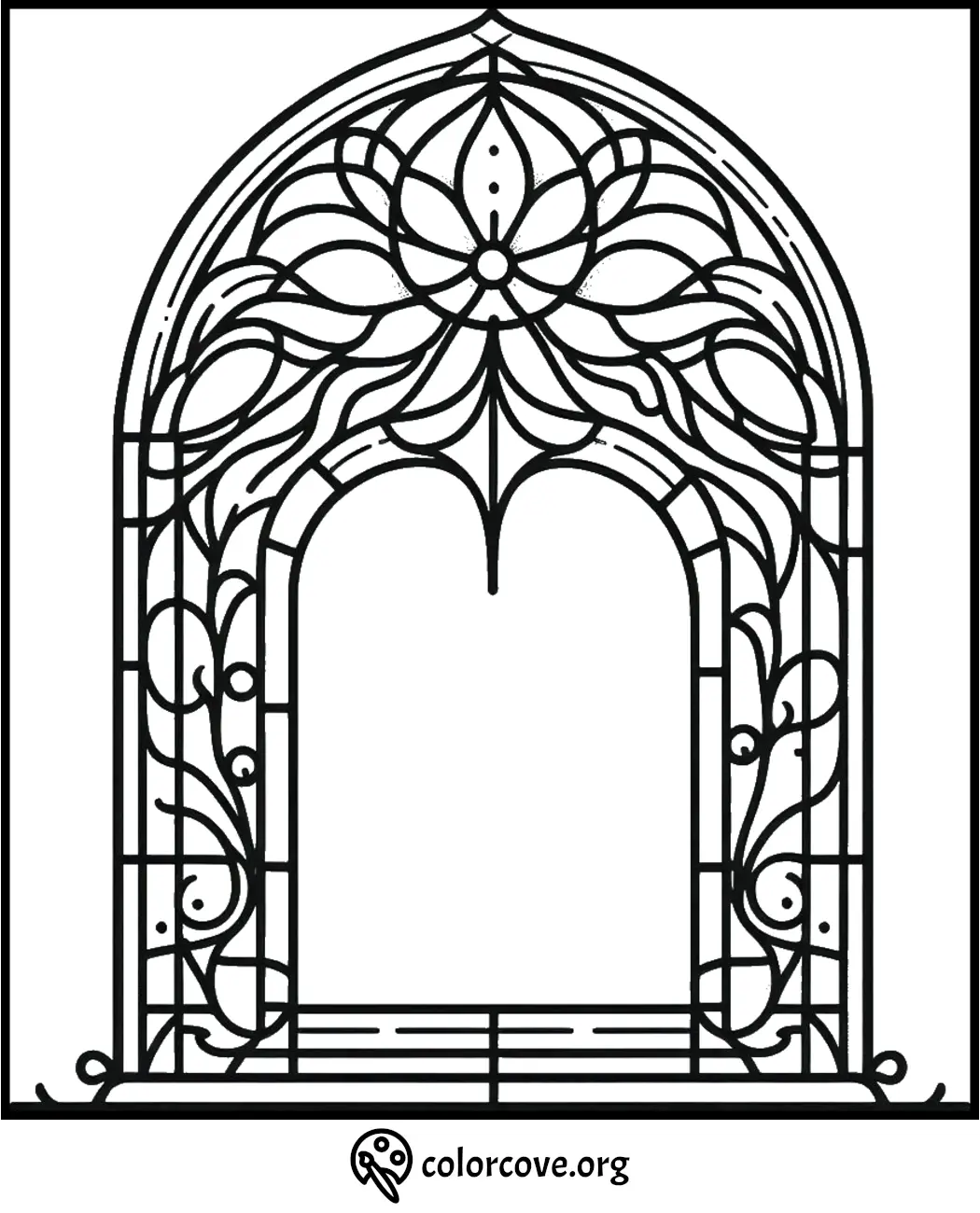 Intricate stained glass window coloring page featuring floral and geometric patterns, perfect for relaxation and creativity.