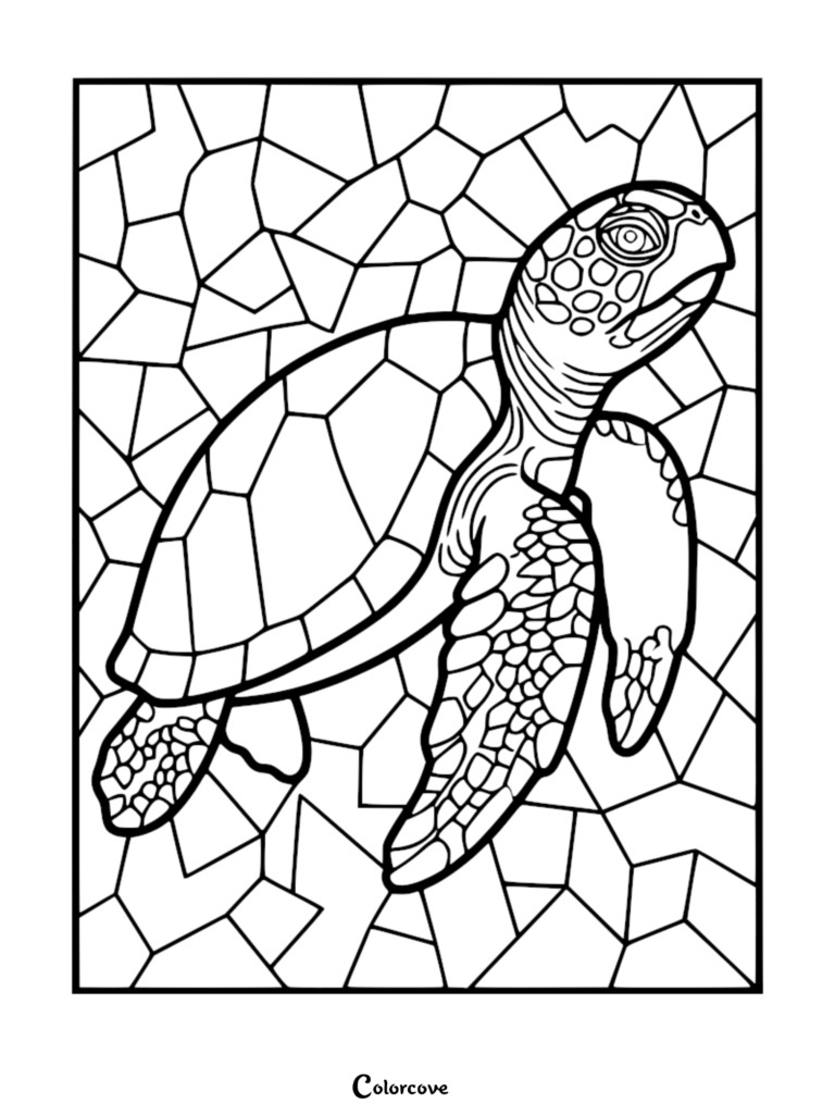 A detailed stained glass sea turtle coloring page featuring geometric mosaic patterns surrounding a swimming turtle.