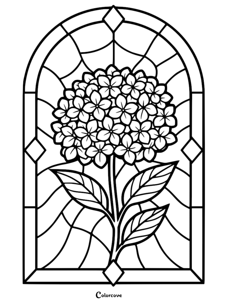 A detailed hydrangea flower inside an arched stained glass window frame coloring page.