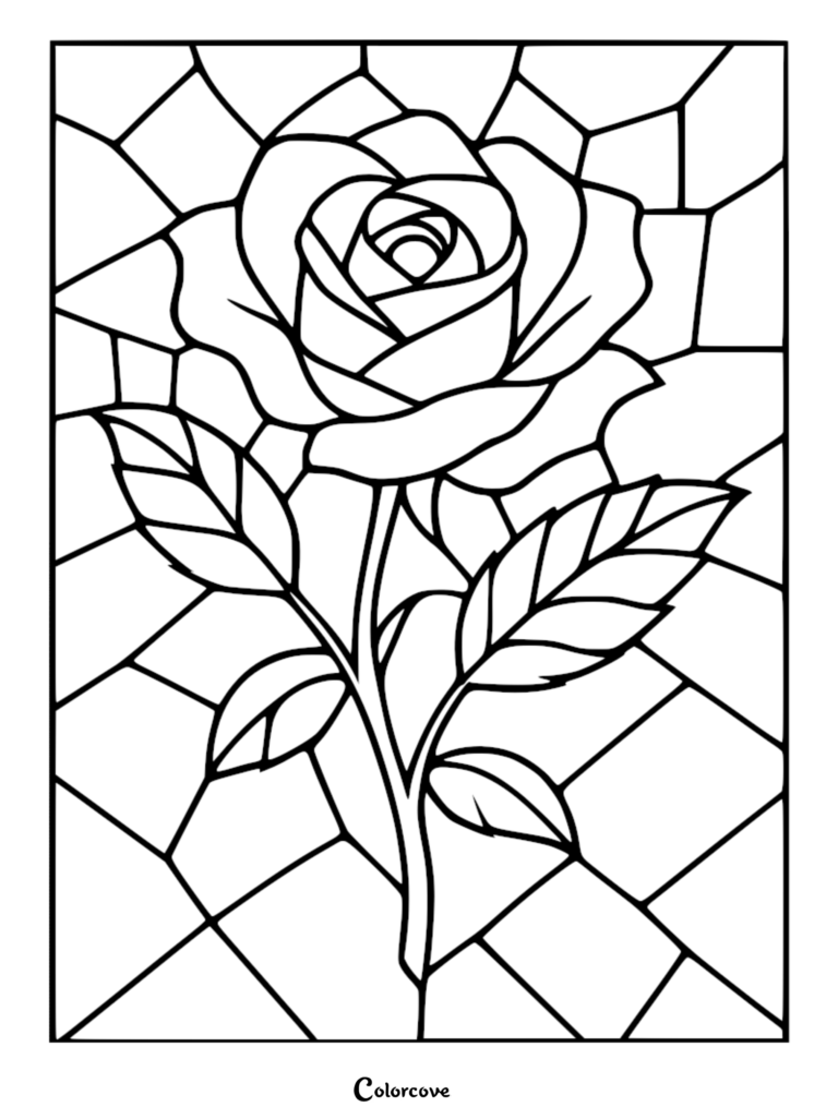 A detailed stained glass rose coloring page featuring a single blooming flower with leaves set against a geometric mosaic background.