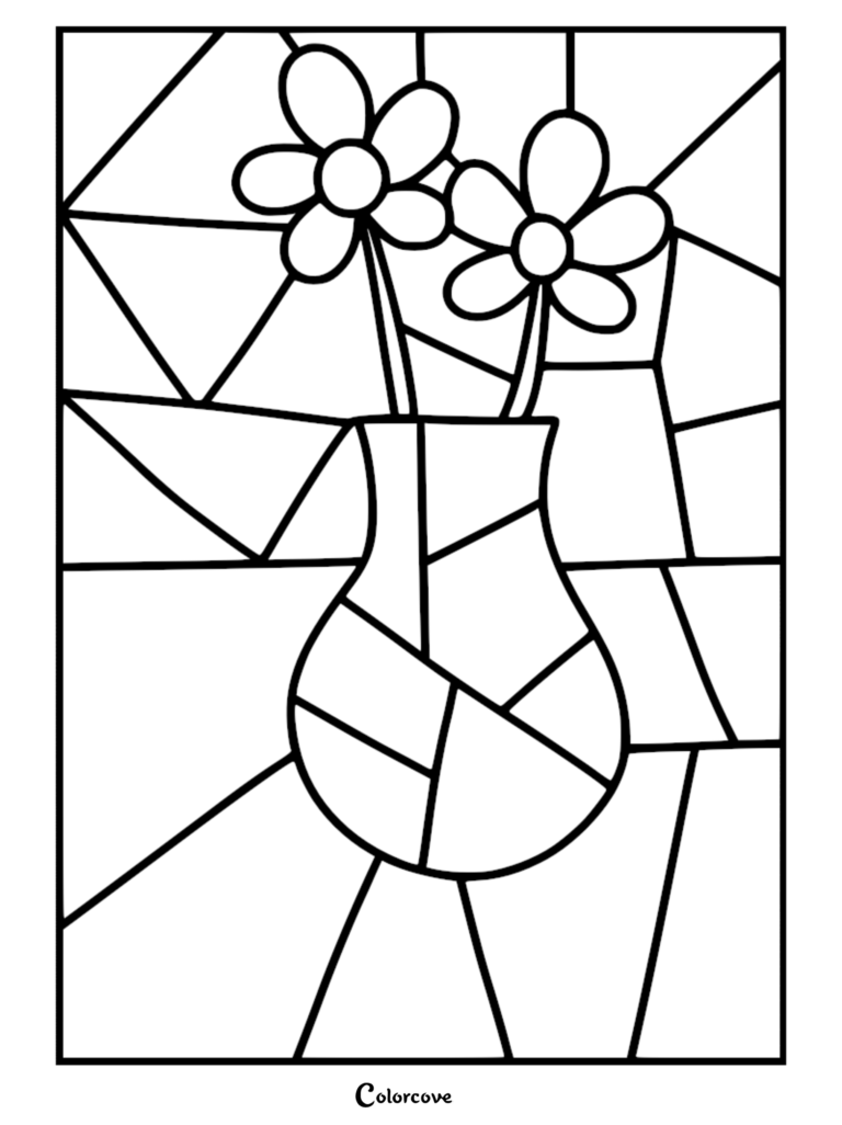 A stained glass style coloring page featuring two simple flowers in a vase with geometric background segments.