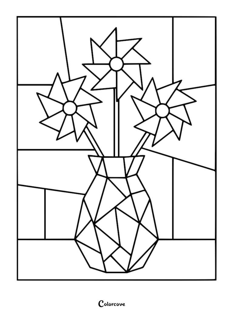 A stained glass style coloring page featuring three pinwheels in a geometric vase against a paneled background.