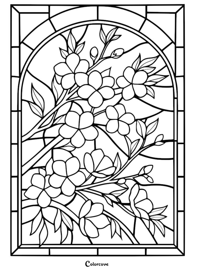A detailed stained glass window coloring page featuring blooming cherry blossom branches inside an arched frame.