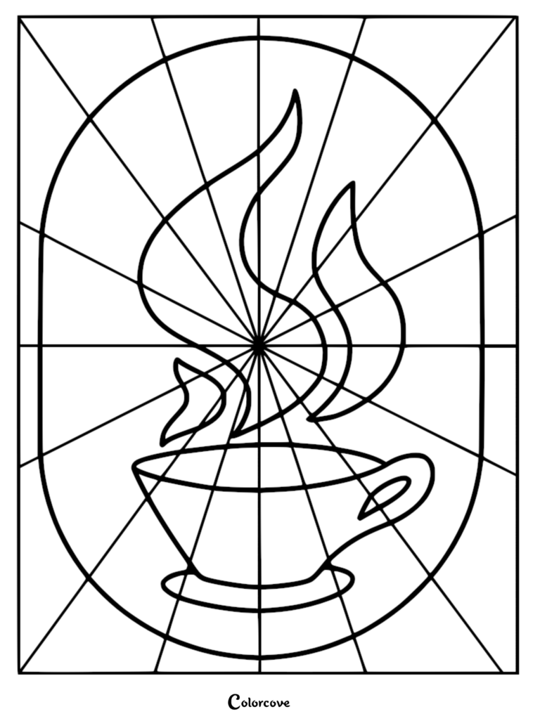 A stained glass style coloring page featuring a steaming coffee cup inside an oval frame with radiating lines.