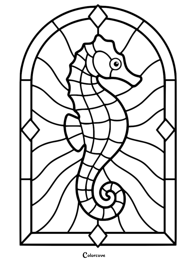 A detailed seahorse stained glass coloring page featuring a curved arch frame and wavy background lines.