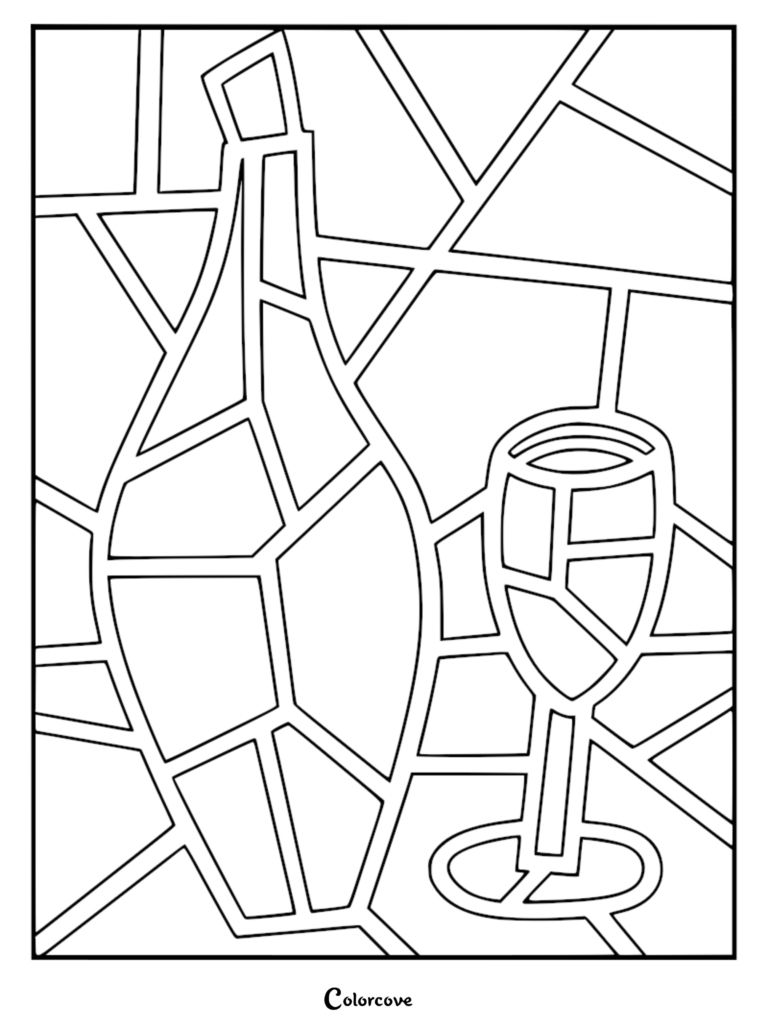 A stained glass style coloring page featuring a wine bottle and a wine glass with geometric leaded lines.