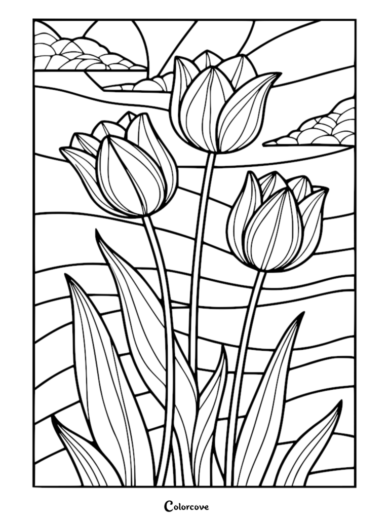 A stained glass style coloring page featuring three blooming tulips with wavy background patterns and cloud shapes.