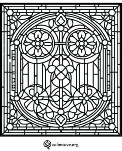 Ornate stained glass window coloring page featuring intricate floral and geometric patterns for stress relief and creativity.