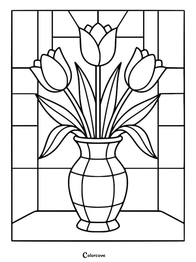 A stained glass style coloring page featuring three tulips in a vase against a geometric window pane background.