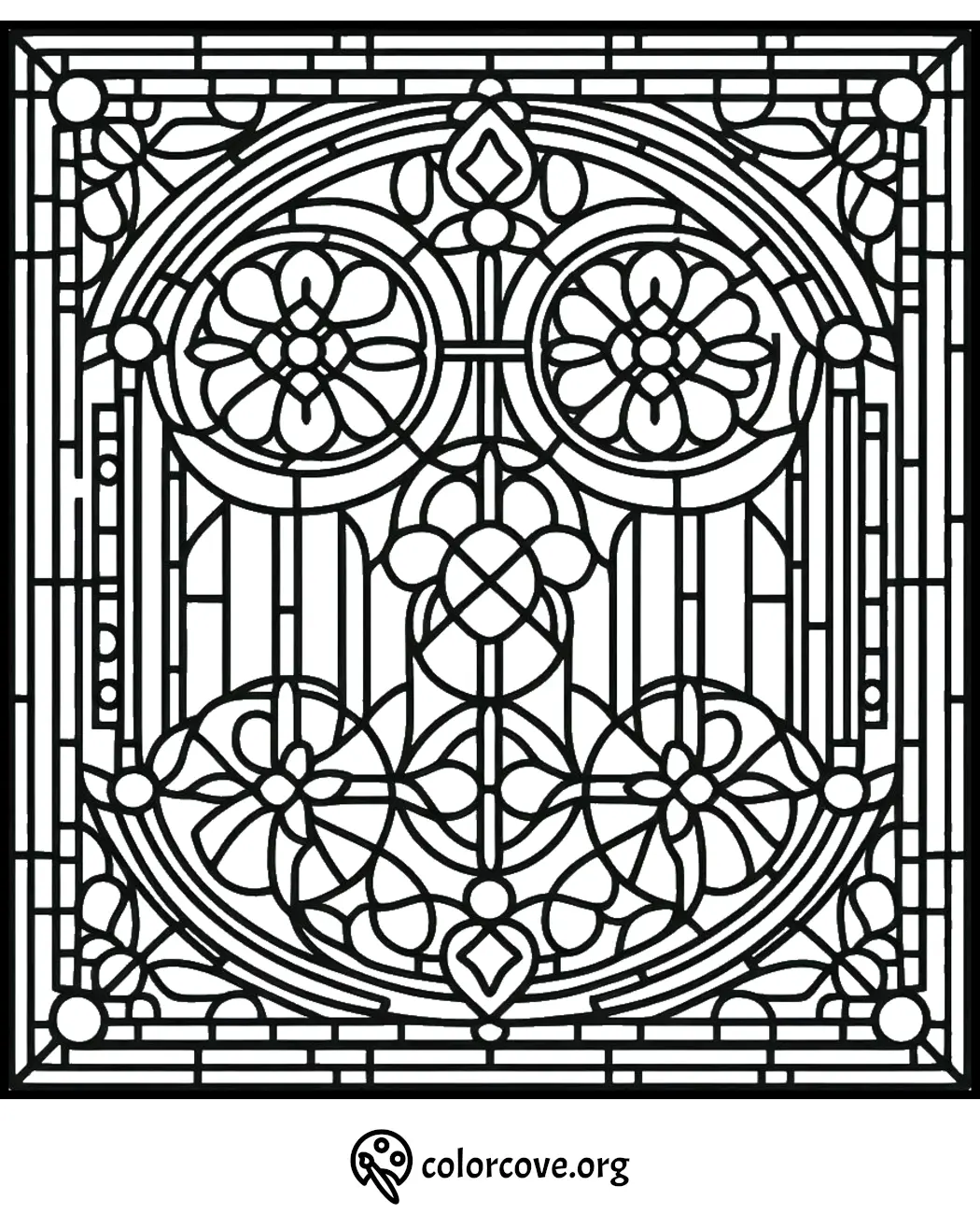 Ornate stained glass window coloring page featuring intricate floral and geometric patterns for stress relief and creativity.