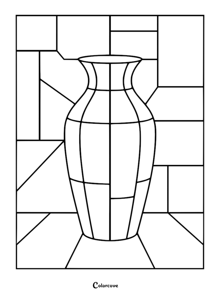 A stained glass style coloring page featuring a simple vase centered against a geometric pane background.