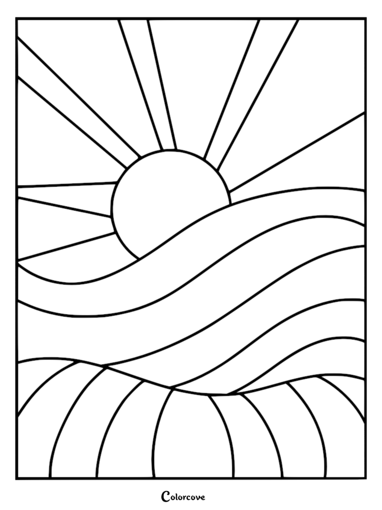 Stained glass style coloring page featuring a radiant sun rising over abstract rolling hills and wavy landscape lines.