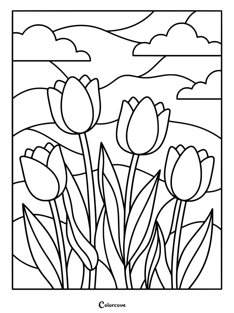 Stained glass style coloring page featuring four blooming tulips against a backdrop of rolling hills and clouds.