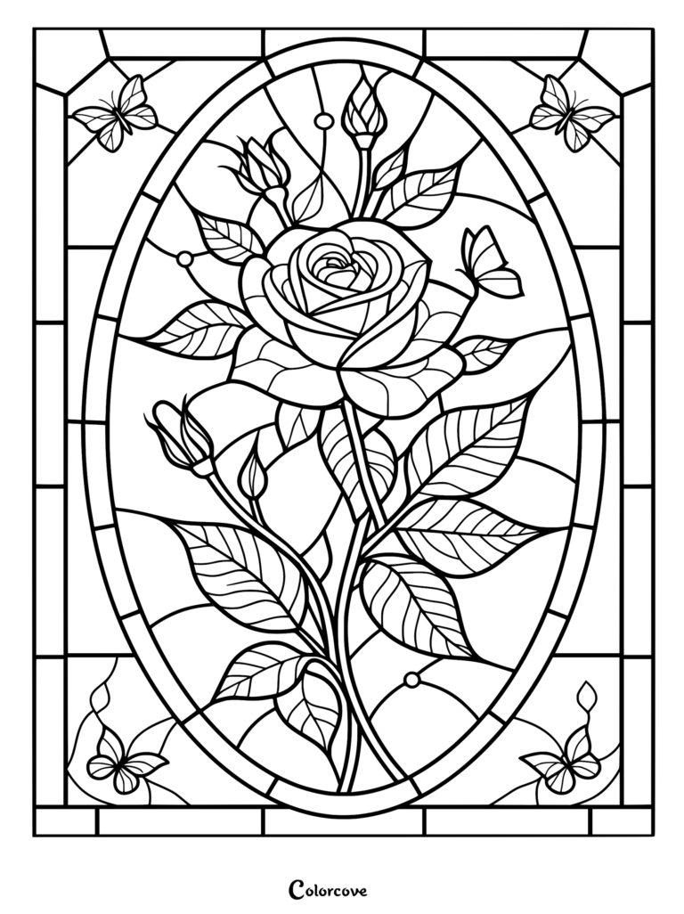 blooming rose and butterflies inside a stained glass frame.