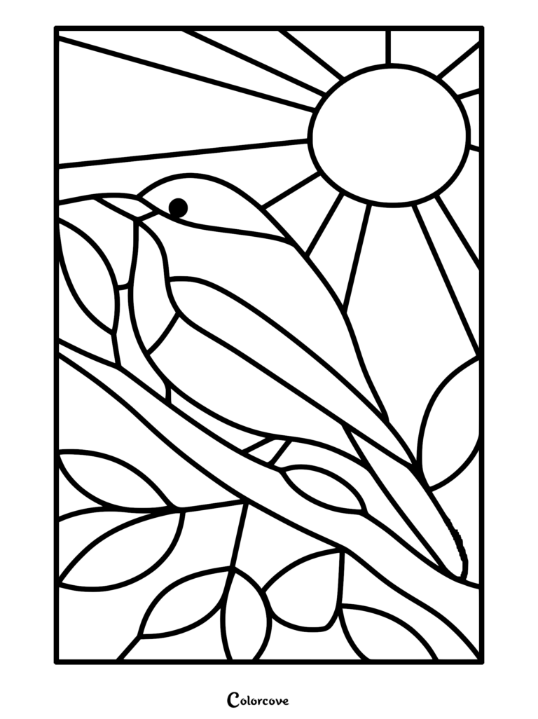 Stained glass style coloring page featuring a bird perched on a leafy branch under a bright sun.
