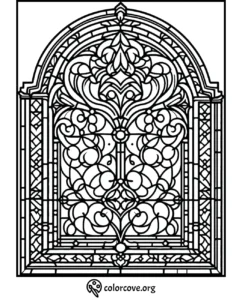 Intricate stained glass window coloring page with detailed patterns for adults and kids to color from colorcove.org.