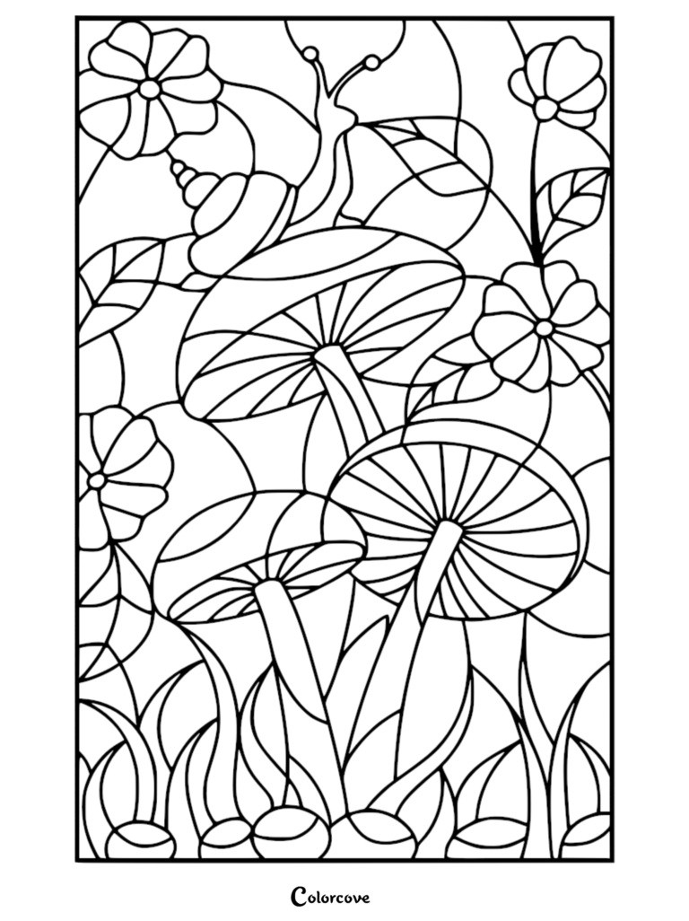 Stained glass style coloring page featuring a snail crawling over mushrooms surrounded by flowers and leaves.