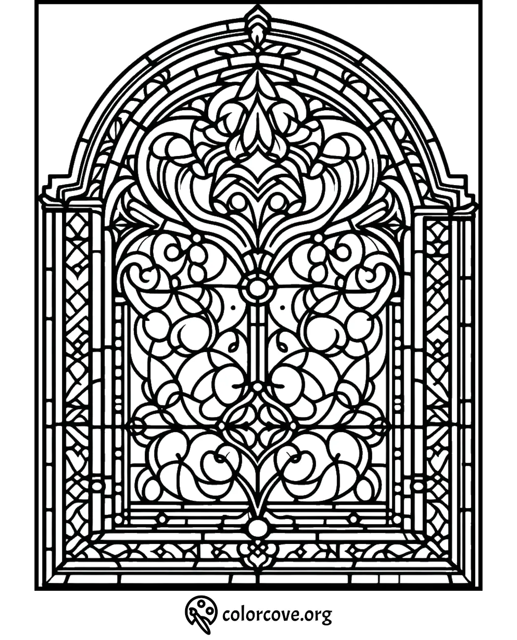 Intricate stained glass window coloring page with detailed patterns for adults and kids to color from colorcove.org.