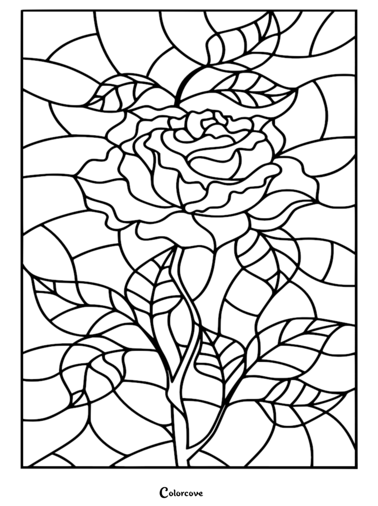 A detailed stained glass rose coloring page featuring thick black outlines and geometric floral patterns.